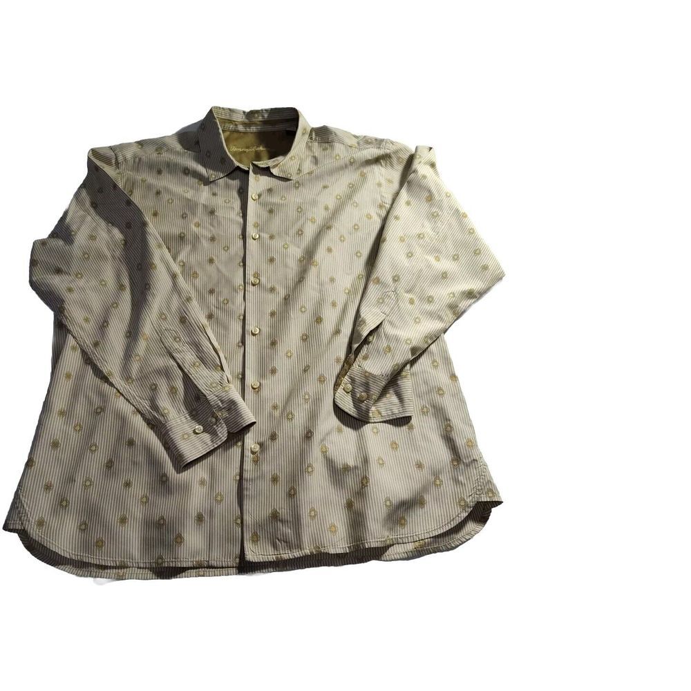 TOMMY BAHAMA XL Gold Button Down Long Sleeve Shirt‎ Mens 98% Silk Geometric